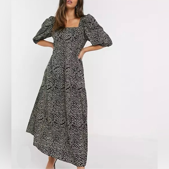 ♦️SOLD♦️ Mango Puff Sleeve Midi Dress Abstract Animal Print Black & Tan Size 10 - Picture 13 of 13